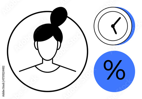 Female portrait in a circle, clock face, and percentage sign. Ideal for time management, productivity, efficiency, work-life balance, goal setting, task prioritization simple flat metaphor