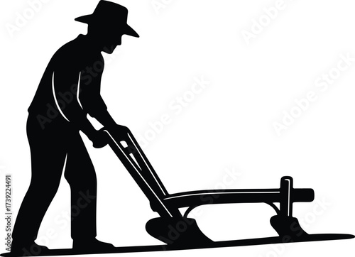 Vector silhouette farmer plowing field with vintage plow illustration