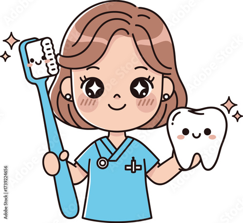 Dentist character holding a toothbrush and a tooth dental care and oral hygiene concept for kids