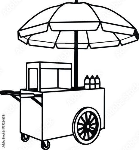 Vector silhouette food cart with umbrella black and white illustration