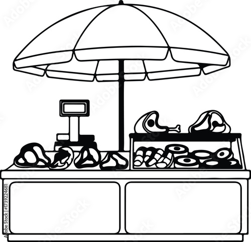 Vector silhouette food stall with meat and chicken illustration