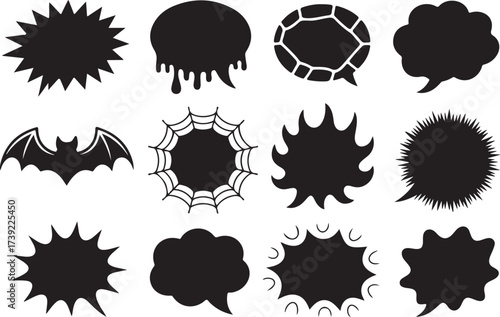 Set of various black silhouette speech bubbles, bat, and spiderweb design elements