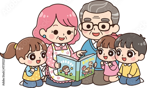 A family is reading a book together, the family consists of a grandmother, grandfather and three children