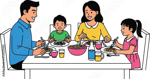A family of four is sitting at the table and eating dinner, they are enjoying their time together and having a good time