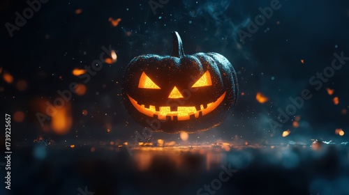 A glowing jackolantern floating in the dark with sparks and smoke creating a spooky halloween scene