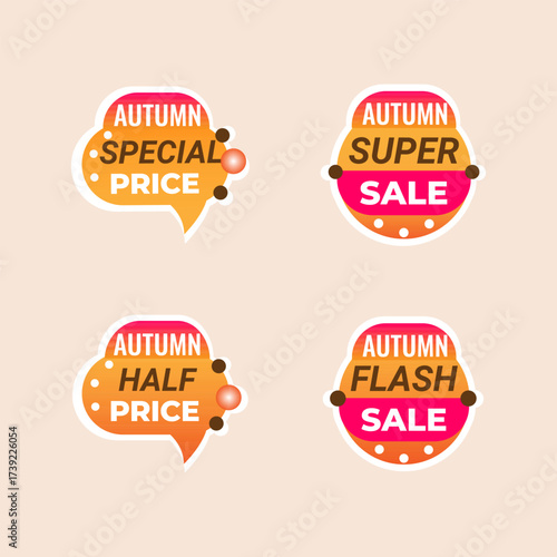 Set of Autumn sale stickers, warm color palette, vector illustrations. Stickers help to quickly disseminate information about sales, various discounts on products, and services.