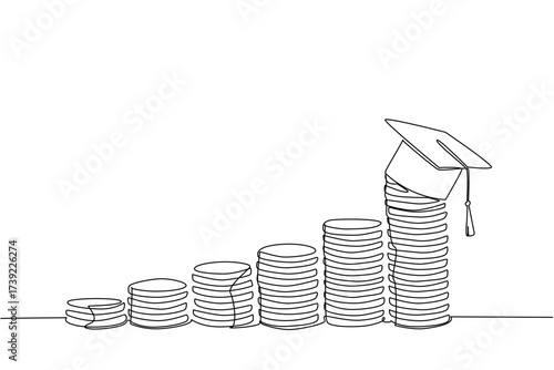 Single continuous line drawing pile of coins that getting higher and higher with graduation cap on highest pile. Higher education high cost. College Savings Day. One line design vector illustration