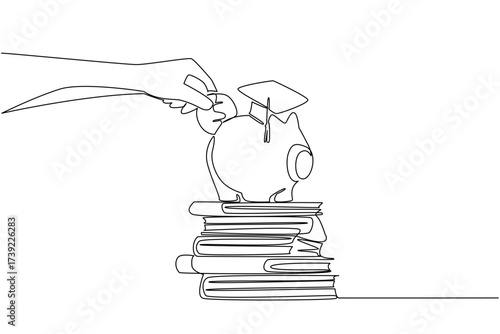 Continuous one line drawing hand holds coin putting into piggy bank wearing graduation cap. Get ready to welcome the highest education. College Savings Day. Single line draw design vector illustration