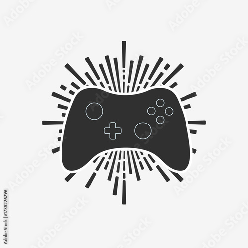 Game controller icon vector illustration radiates energy bursts around black gamepad for esports gaming controllers and video game joystick icons in isolated on white modern flat designs