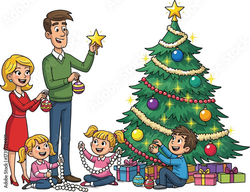 A happy family decorates a christmas tree with ornaments and a star, the children are excited and cheerful