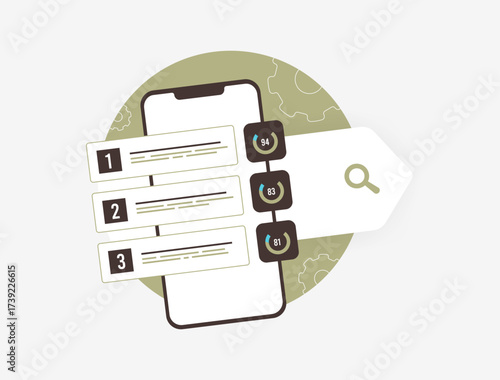 Mobile SEO vector illustration. Smartphone search optimization with top ranking results with percentage scores and magnifying search bar for digital mobile seo analytics and visibility