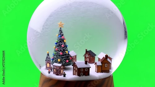 Christmas Snow Globe with Winter Village and Festive Tree on Green Screen Background