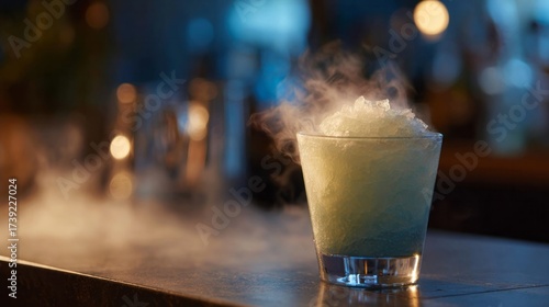 Chilled emerald elixir swirls mysteriously in glass, evoking Frost Giant Festivities and vaporous potion lore under moonlit revelry