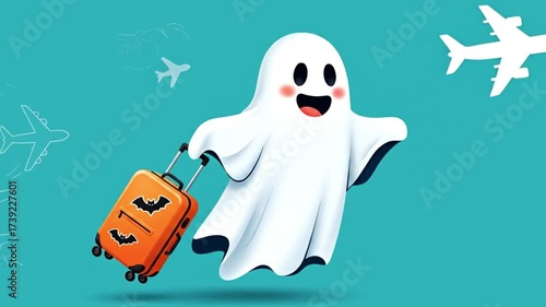 Smiling ghost floating with suitcase, fun Halloween travel concept.