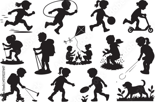 Silhouette illustrations of children engaging in various outdoor activities and adventures