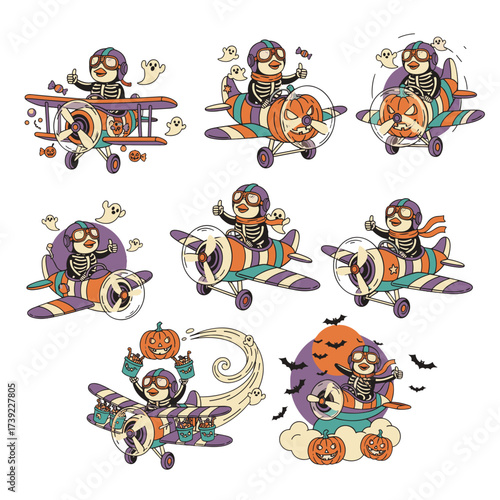 Set of Retro-Style Halloween Skeleton Penguin Vector Illustrations, Penguins Flying Candy Planes, Mid-Air Tricks with Ghost Co-Pilots, Vintage Colors, Playful Halloween Design