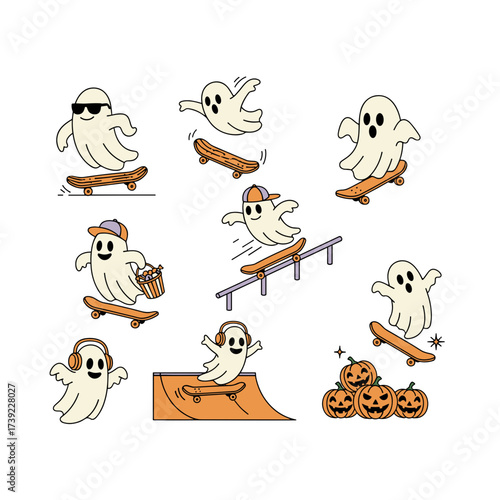 Set of Retro-Style Halloween Skater Ghost Vector Illustrations, Cool Skateboarding Tricks, Candy & Pumpkin Fun, Flat Retro Colors, Bold Clean Outlines, T-Shirt Ready