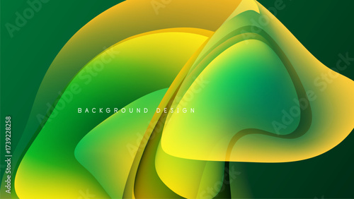 Abstract fluid shapes, vibrant green, yellow hues. Smooth gradients create dynamic composition. Modern design element, dark background.