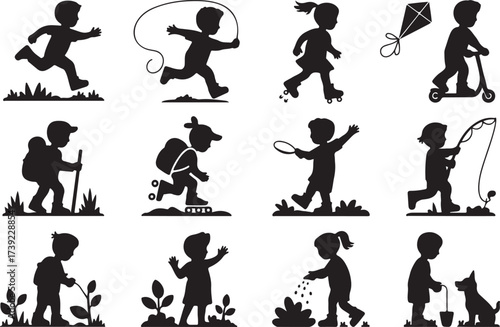Silhouetted children enjoying various outdoor activities in a playful collection of fun and recreation