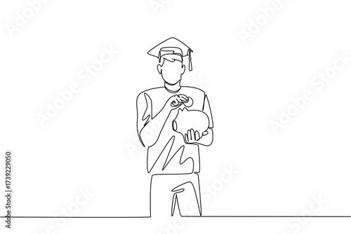 Continuous one line drawing a man wearing a graduation cap puts a dollar coin into a piggy bank. Independent savings for the future. College Savings Day. Single line draw design vector illustration