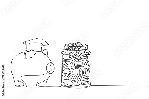 Continuous one line drawing jar full of coins and piggy bank with graduation cap. Ready to move on to higher education. Financial. College Savings Day. Single line draw design vector illustration