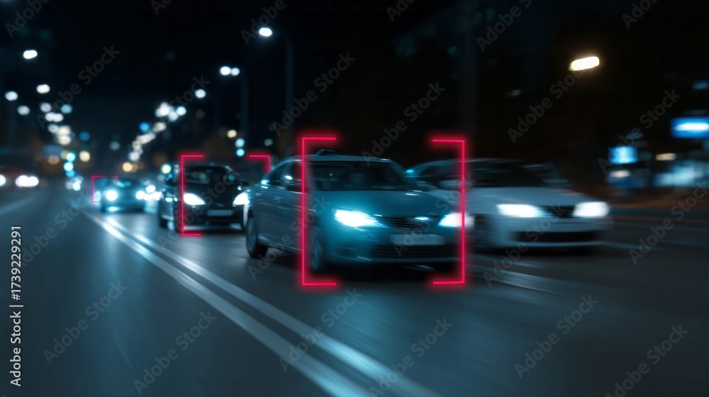 Naklejka premium Smart urban symphony of headlights and neon outlines, evoking nocturnal technology, celebrating World Information Society Day's digital dance