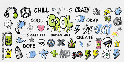 Vibrant collection of urban graffiti and doodle art elements with words like cool and chill