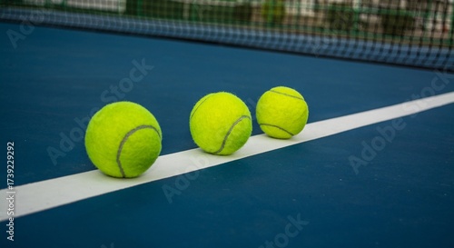 Three tennis balls resting on the white line of a blue tennis court ready for a match