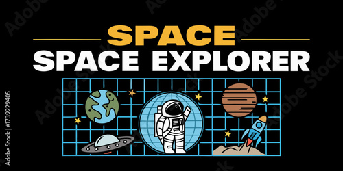 Astronaut exploring space with planets rocket ufo and stars on a grid background