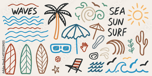 Hand drawn doodle collection of summer beach vacation icons and symbols with sea sun and surf text