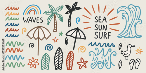 Hand drawn doodle elements for summer vacation including waves palm trees surfboards umbrellas sun and rainbow