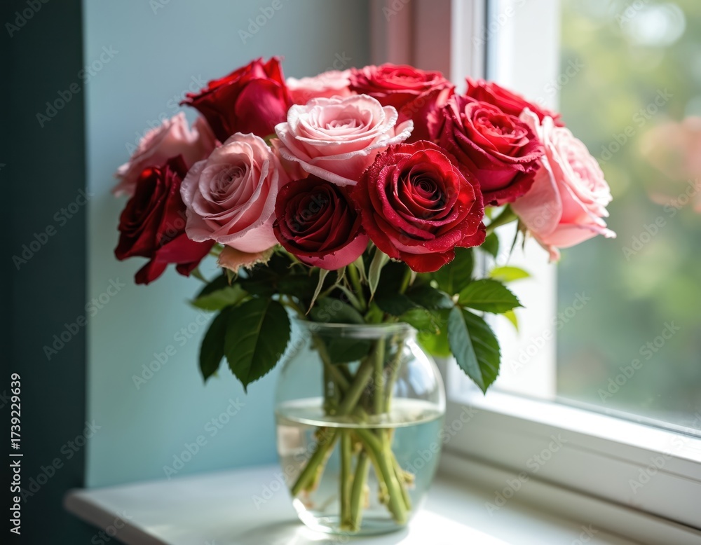 Fototapeta premium Bouquet of red and pink roses in clear glass vase on window sill. Fresh flowers in water. Romantic floral arrangement indoors with natural light.