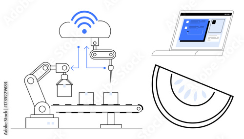 Robotic arm sorts items on conveyor belt linked to cloud computing, IoT signals, and data screen analytics. Ideal for automation, IoT, technology, industry, data analysis, connection simple flat