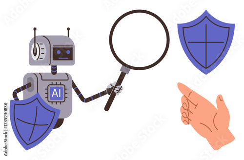 AI robot examines data with magnifying glass, shield for cybersecurity, and hand for trust. Ideal for technology, AI, security, analysis, trust, problem-solving digital safety simple flat metaphor