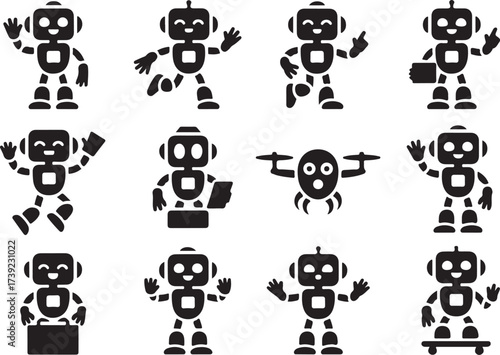 Vector illustration collection of friendly robots in various poses and activities smiling happily