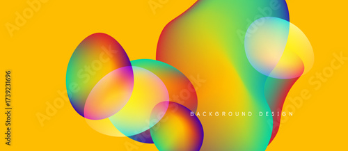 Vibrant fluid shapes overlap yellow backdrop. Gradient colors blend, creating modern abstract design. Text reads background design.