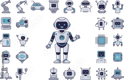 Vector illustration featuring a collection of different robot icons for various technological applications