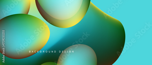 Abstract fluid shapes overlap, creating vibrant color gradients. Teal, green, yellow hues dominate design. Smooth transitions suggest movement.