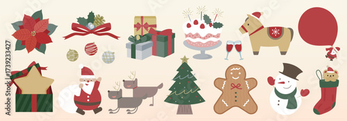 2026新年やナチュラルなクリスマスシーンに最適なかわいい手書きおしゃれなシンボル・アイコンベクターイラスト