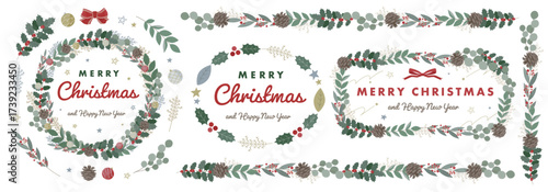 モミの木やヒイラギ、緑の枝・葉、松ぼっくりで出来たクリスマスイメージのフレーム：クリスマスリースや新年にぴったりな枠のセット