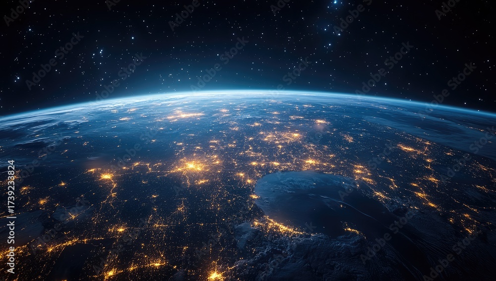 Fototapeta premium Earth at night, glowing cities, space view, dark