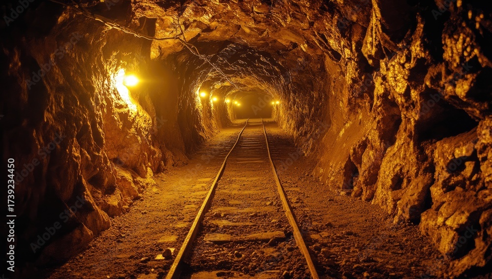 Naklejka premium Dark mine tunnel with rails, lit by yellow lamps