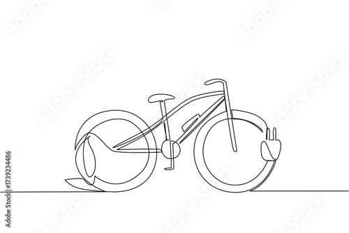 Single continuous line drawing e bike with a leaf on the rear tire and a cable plug on the front tire. Makes activities easier. Technology. National E Bike Day. One line design vector illustration