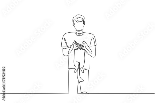 Single one line drawing a man holding a cat. Play all day at home with the favorite cute animals. Adorable cat. Friendship. International Hug Your Cat Day. Continuous line design graphic illustration