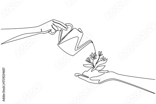 Single continuous line drawing hand holds a lump of soil with flowering plant and watering it with watering can. Symbol of cooperation. National Water a Flower Day. One line design vector illustration