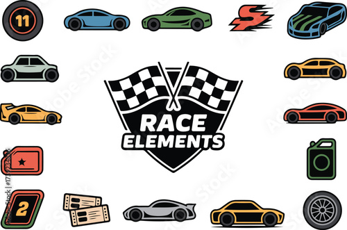 Vector illustration of various racing themed icons cars flags tickets and racing elements