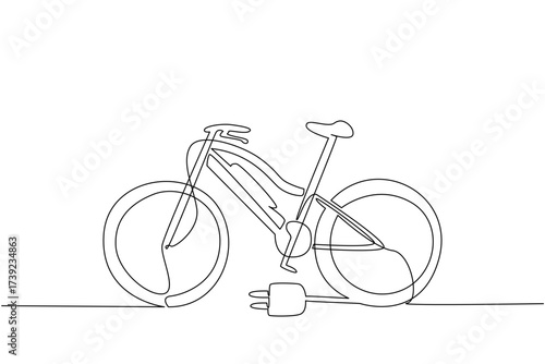 Continuous one line drawing e bike with a cable plug on its rear tire. Electric bikes that can be charged at charging stations. Tech. National E Bike Day. Single line draw design vector illustration