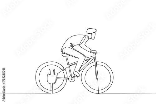 Single continuous line drawing a man riding an e bike with a cable plug in his tire. The perfect week to exercise with modern technology. National E Bike Day. One line design vector illustration