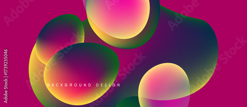 Abstract colorful shapes overlap, creating vibrant gradients. Pink background enhances visual depth, modern design aesthetic.