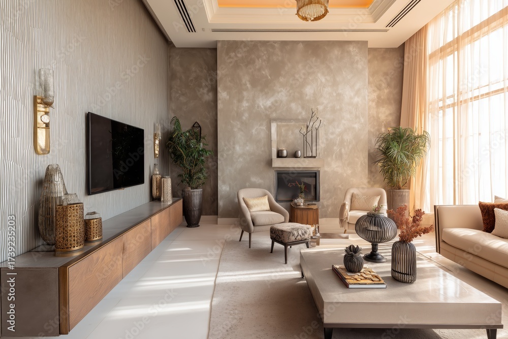 Fototapeta premium Modern private house living area with neutral tones featuring textured walls and carefully chosen decorative elements